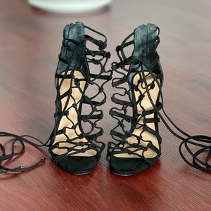 Schutz Black Strappy Lace Up High Heel Sandals
